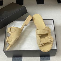 2026 Luxury Women Sandals Flats Slipper Suede Leather Summer Walk Classic Rhinestone Buckle Sandals Slides Hook and Loop Closure Leather Upper Flat Sole Sandals
