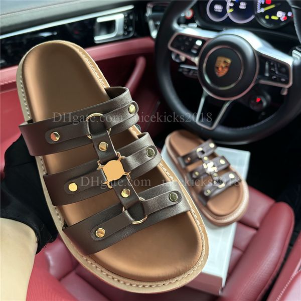 Luxury Designer Gladiator Sandal White Brown Slipper Sandale Chausson Fashion Women Men Genuine Leather Sliders Pool Slippers Flat Summer Beach Slide Mule Box