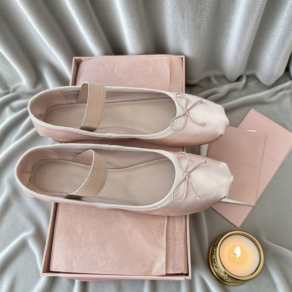 Designer Classic Women Mary Jane Ballet Flats Sandals Slipper Calfskin Loafers High-Quality Shoes Fashion Lady Silk Satin Ballerinas Bow Elastic Band