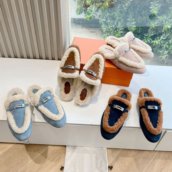 Winter Fur Slide Mules Slipper Women Leather Suede Buckle Round Toes Furry Fluffy Sandals Clogs Warm Wool Loafers Designer Slides For Womens Outdoor